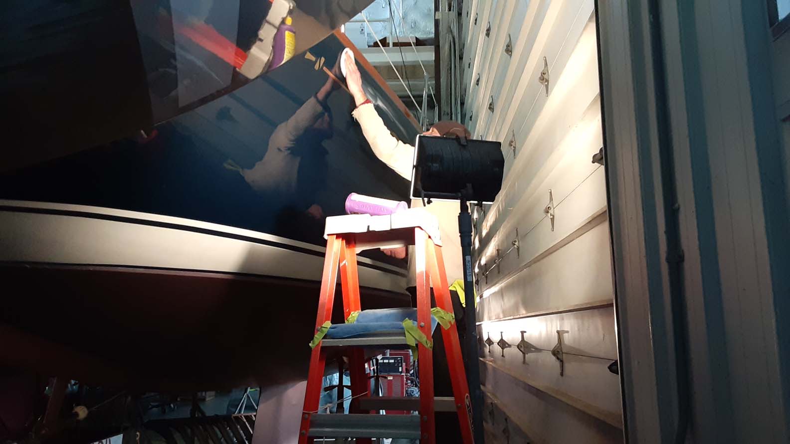 A boat hull being worked on in the Eldean Shipyard yard