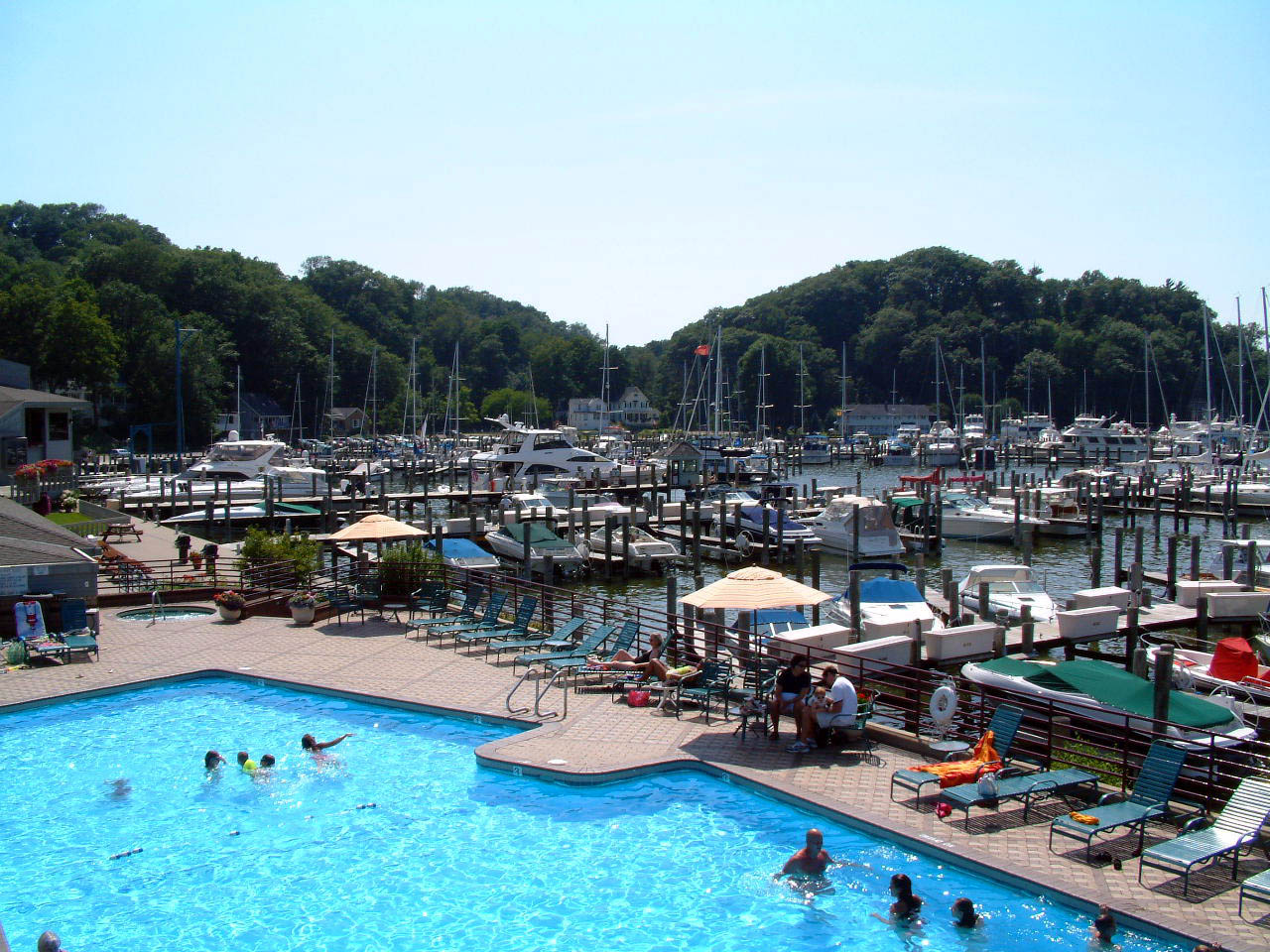 The swimming pool and docks at Eldean Shipyard on Lake Macatawa